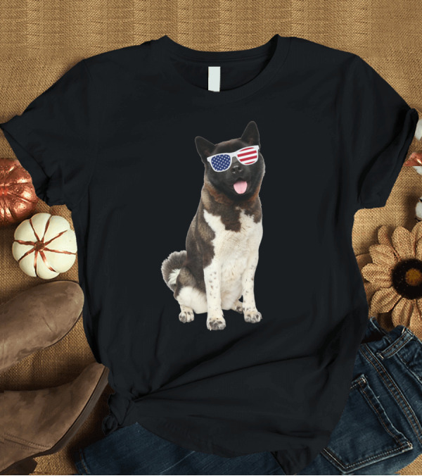 T-Shirt: American Akita with Patriotic Flag Sunglasses T-Shirt American Akita with Patriotic Flag Sunglasses T-Shirt