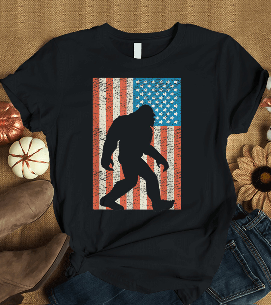 Bigfoot Sasquatch Silhouette with American Flag Background I Believe USA T-Shirt