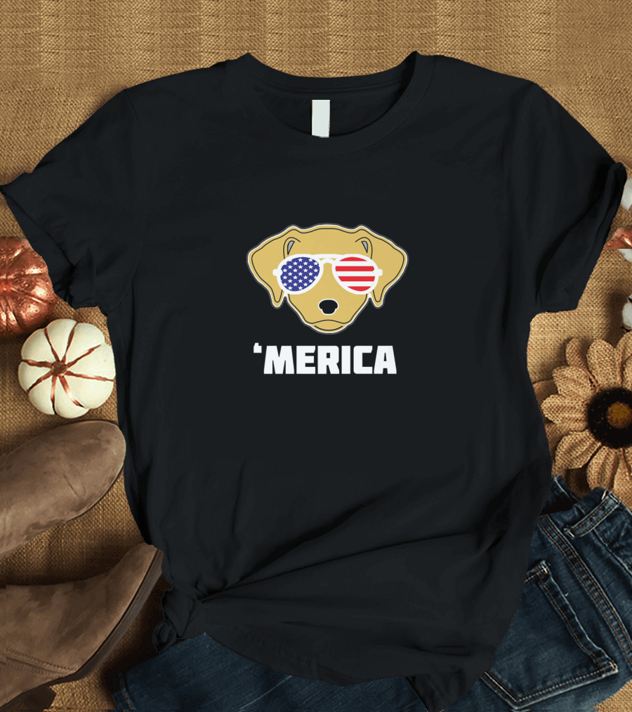 Merica Golden Labrador Retriever with USA Flag Sunglasses T-Shirt