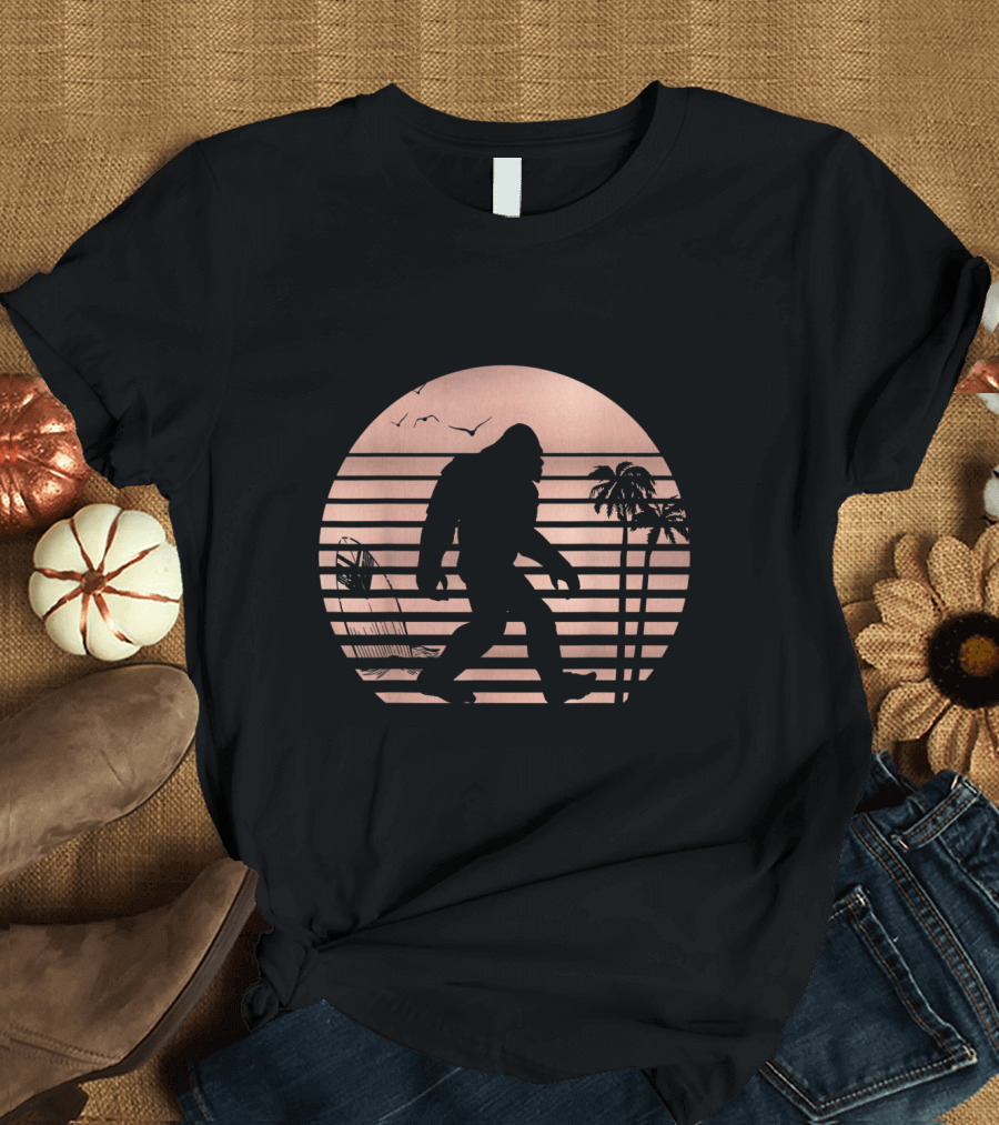 BigFoot Sunset Stripes with Palm Trees and Birds T-Shirt