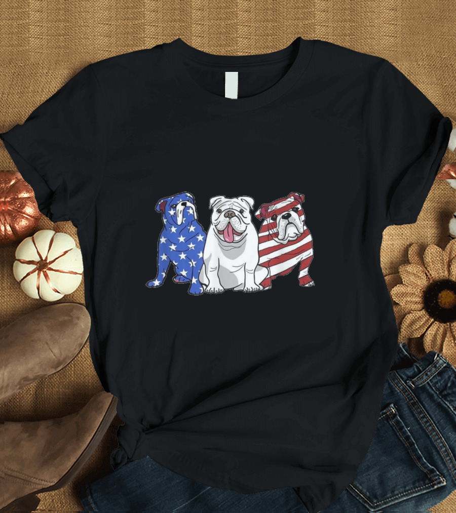 Patriotic American Bulldogs with Stars and Stripes US Flag T-Shirt