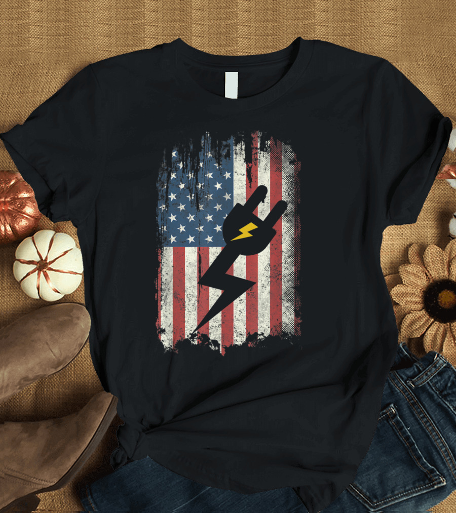 Electrician American Flag with Lightning Bolt Plug T-Shirt