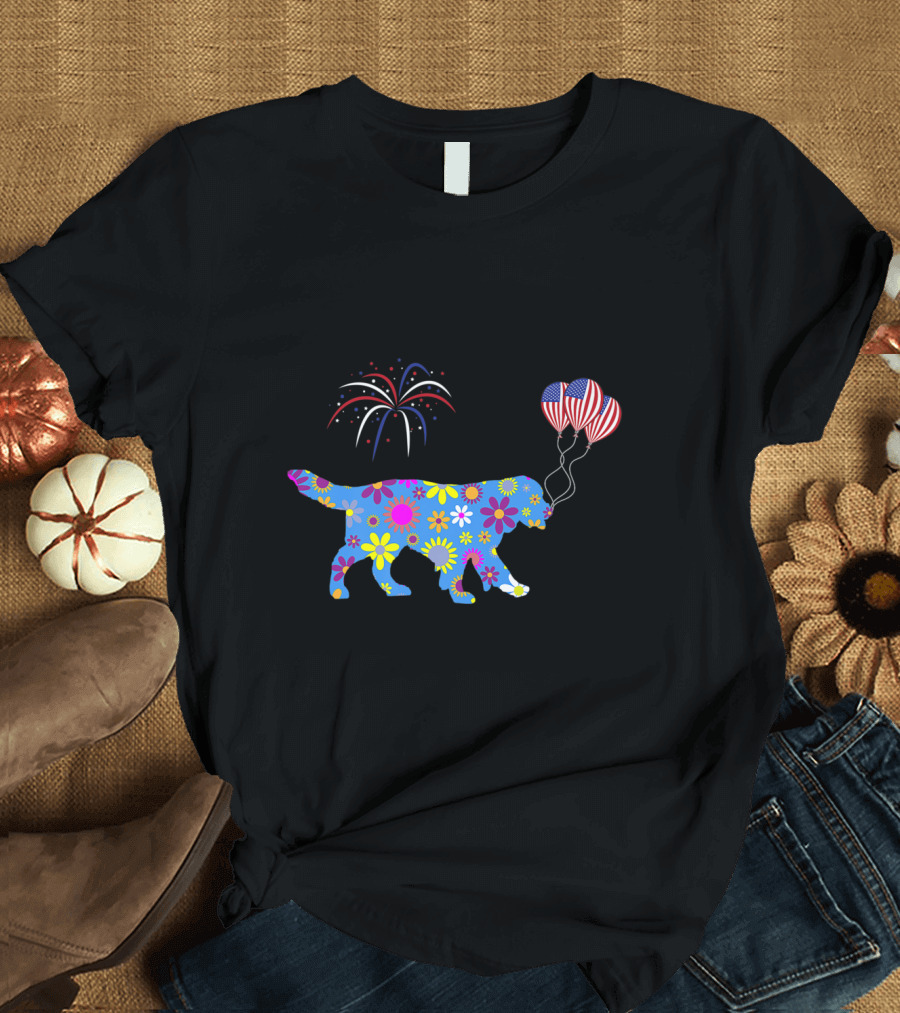 Golden Retriever Flower Power with American Flag Balloons and Fireworks T-Shirt