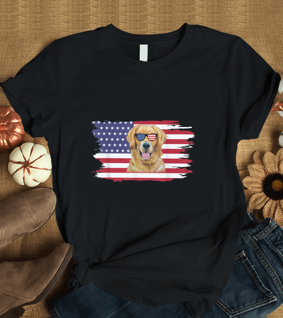 Golden Retriever Wearing American Flag Sunglasses in Front of U.S. Flag T-Shirt