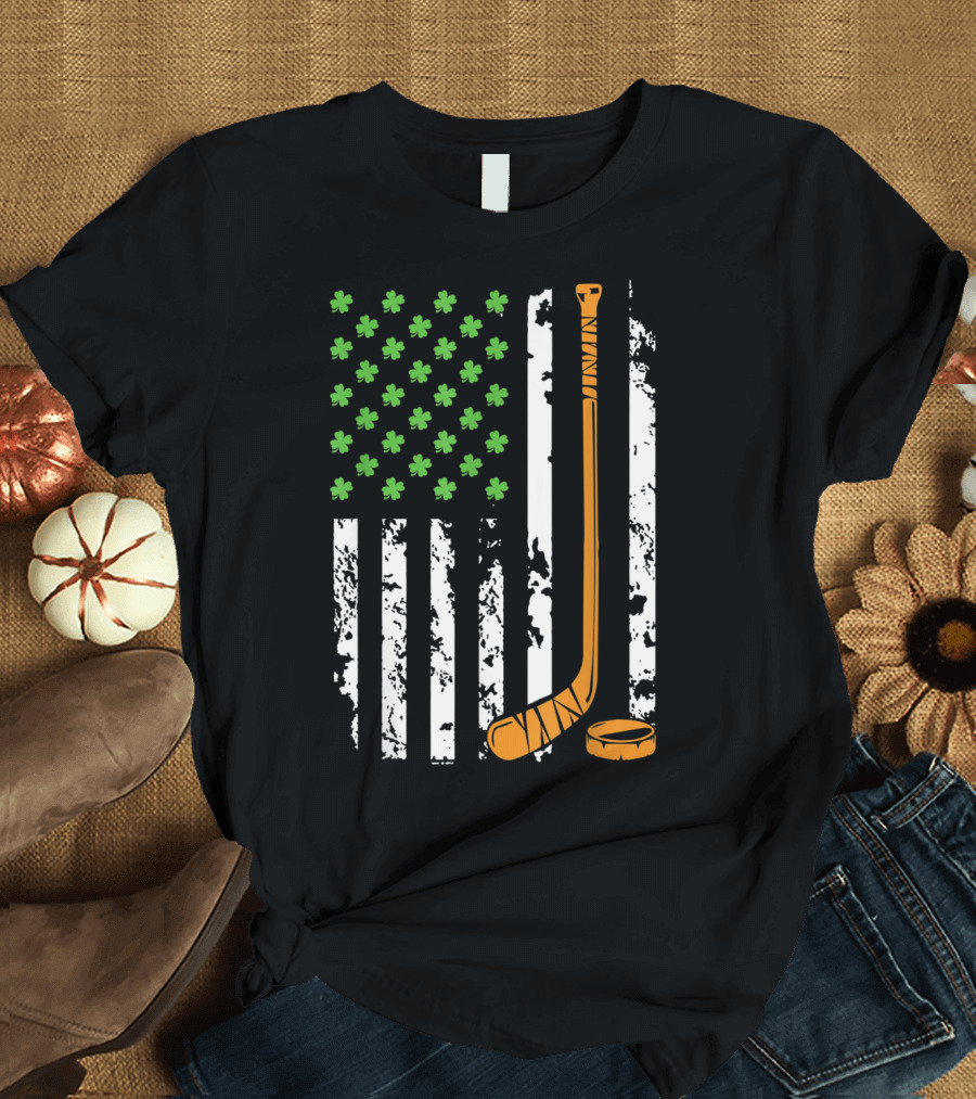 Irish American Flag with Shamrocks and Hockey Stick Stripes T-Shirt