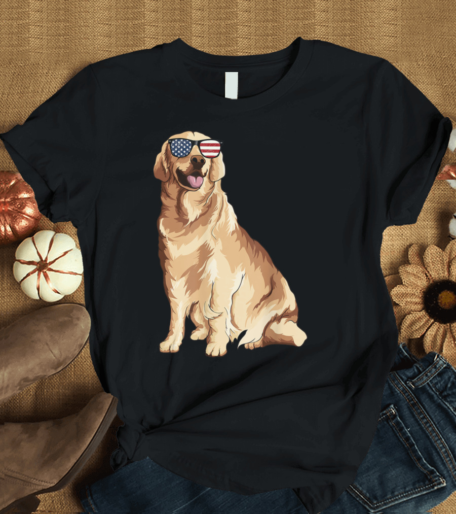 Golden Retriever Wearing American Flag Sunglasses Patriotic Dog T-Shirt