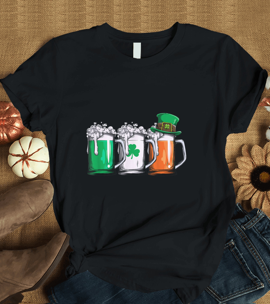 Irish Beer Mugs with Leprechaun Hat and Ireland Flag Colors T-Shirt