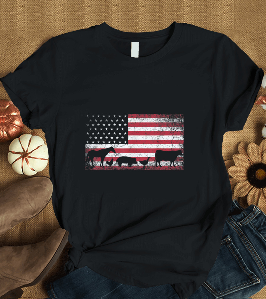 American Flag with Chicken Horse Cow Silhouettes for 4th of July T-Shirt