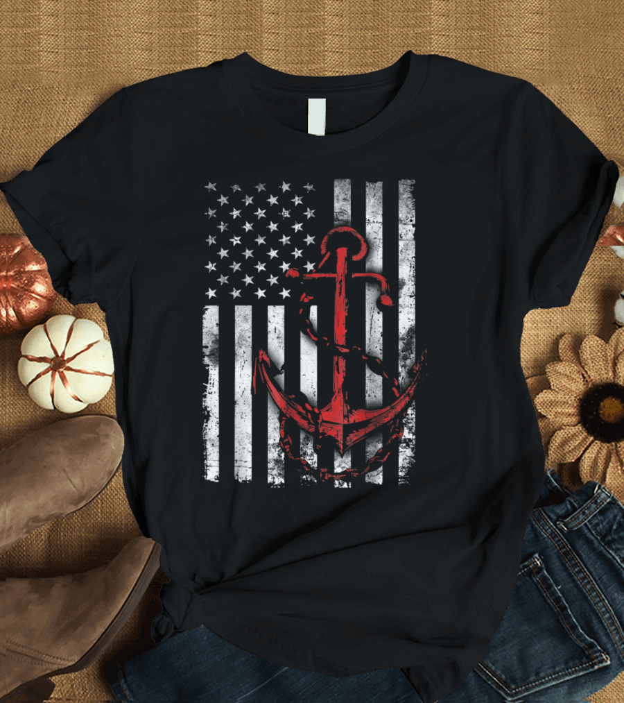 American Flag Red Anchor Patriotic Military T-Shirt