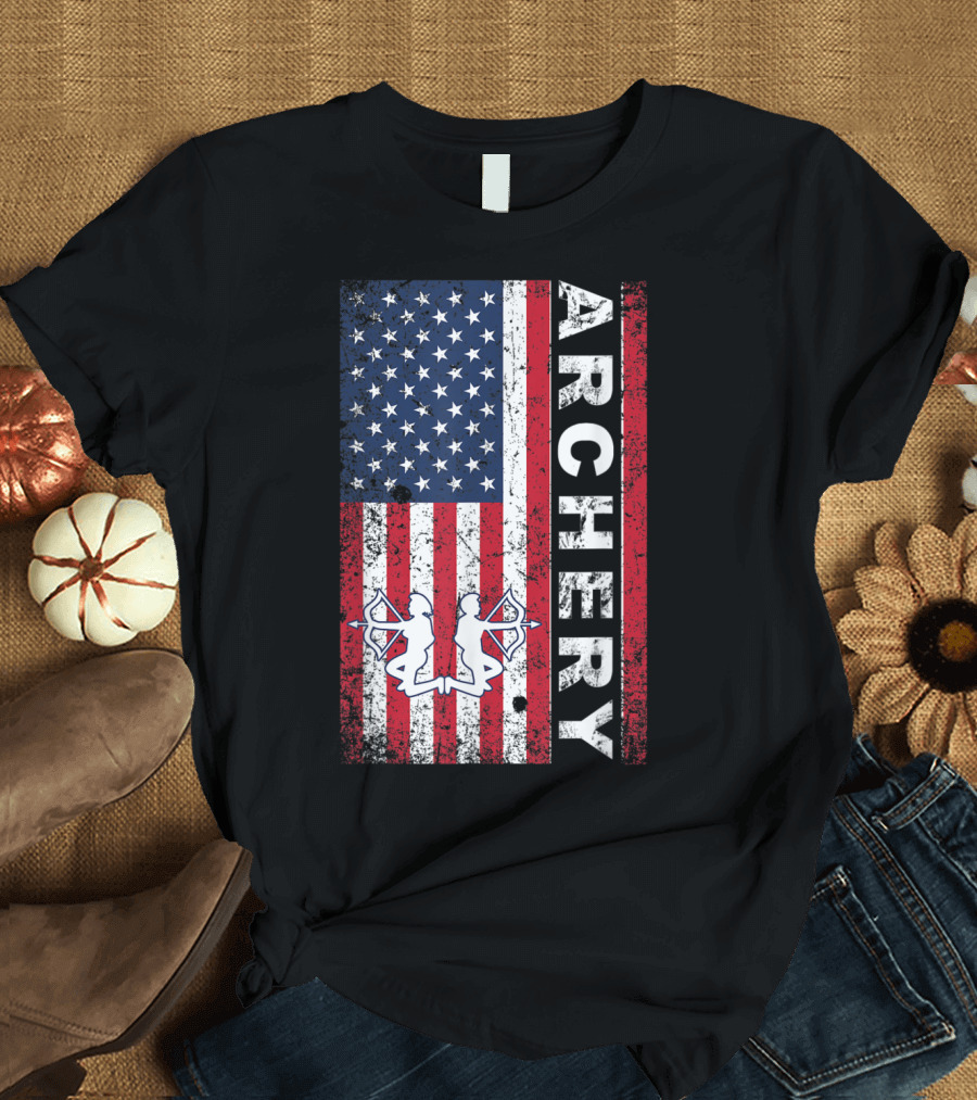 American Flag Archery Archer USA Bow Hunter T-Shirt