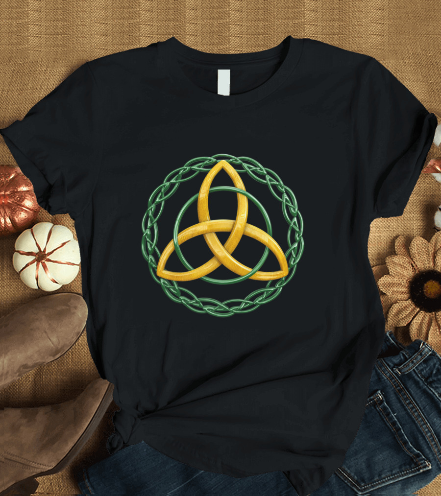 Irish Celtic Trinity Knot Green and Gold Interwoven T-Shirt