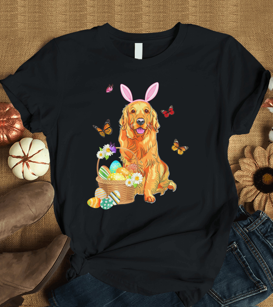 Golden Retriever with Bunny Hat Surrounded by Easter Eggs and Butterflies T-Shirt