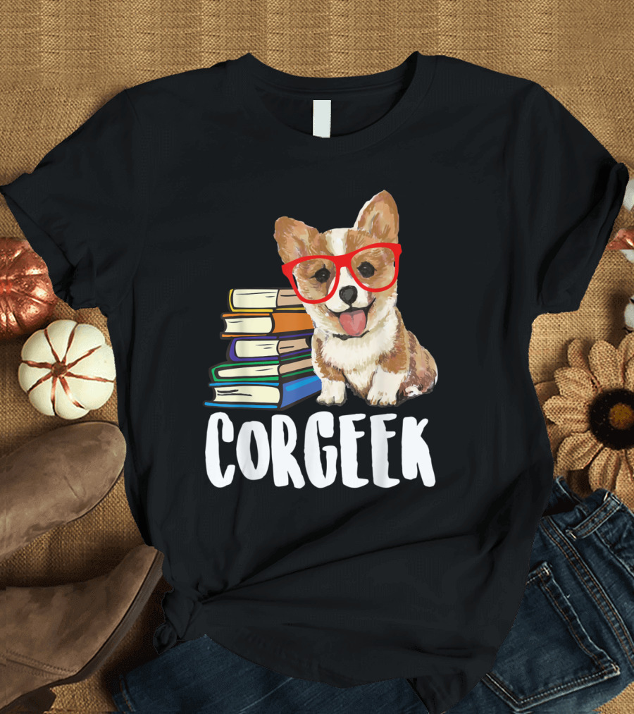 Corgeek Corgi with Glasses and Books Reading T-Shirt