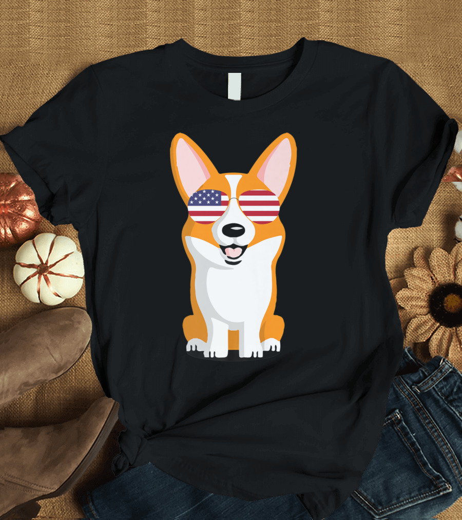 Corgi Wearing American Flag Sunglasses Patriotic T-Shirt