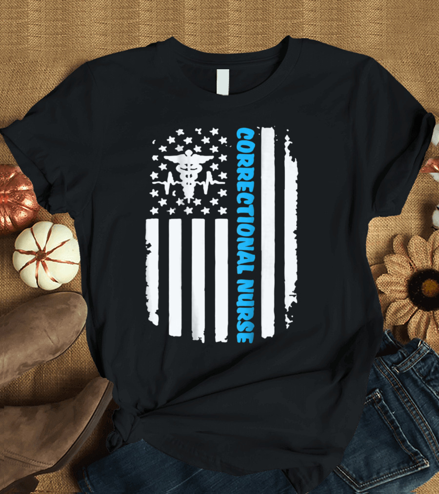 Correctional Nurse Blue Line Distressed American Flag with Medical T-Shirt