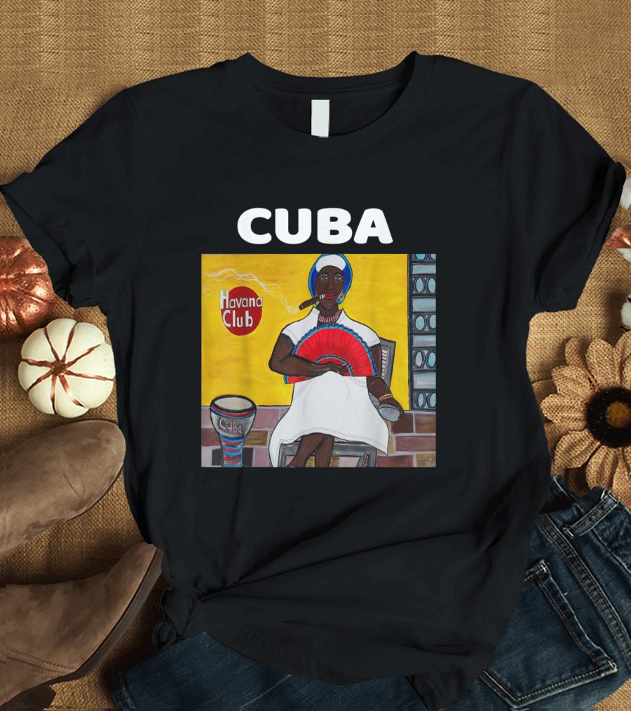 Cuba Havana Club Afro Cuban Lady with Fan and Drum T-Shirt