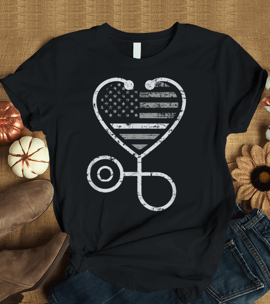 Corrections Nurse Thin Grey Line Heart Stethoscope American Flag T-Shirt