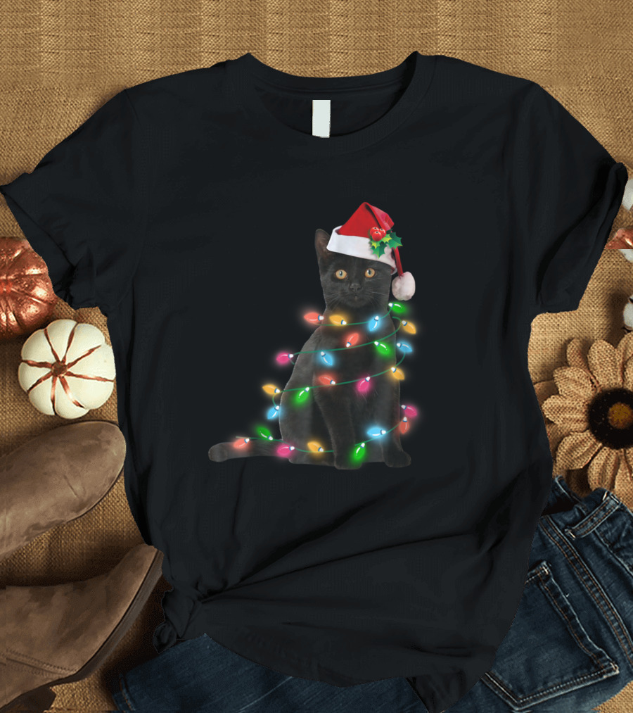 Black Cat Wrapped in Christmas Lights with Santa Hat T-Shirt