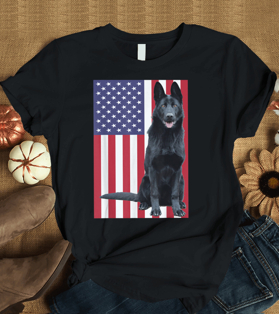 Black German Shepherd with American Flag Background T-Shirt