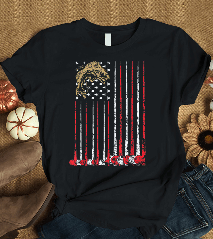 American Flag Fishing Fish with Vintage Red White Stripes Bass T-Shirt