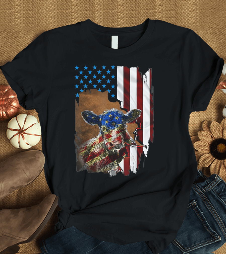 Patriotic Cow with American Flag Design for 4th of July T-Shirt