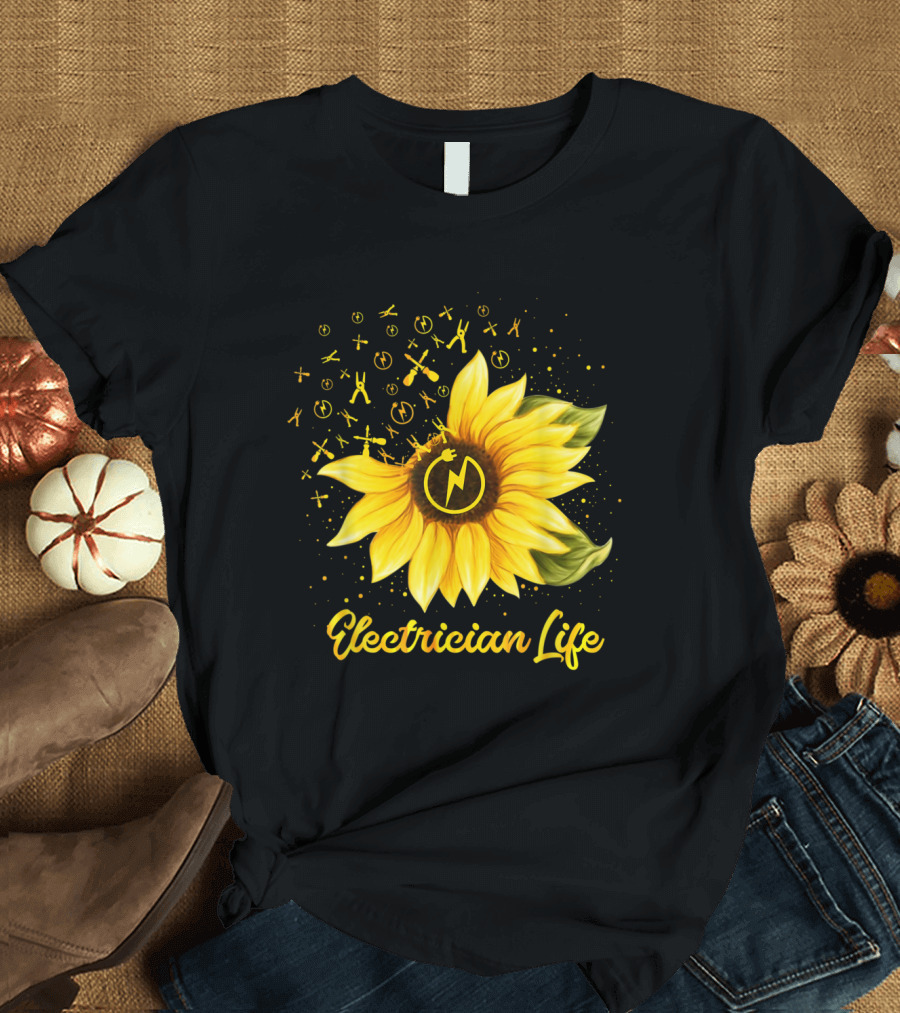 Electrician Life Sunflower with Voltage Symbols and Bright Yellow T-Shirt