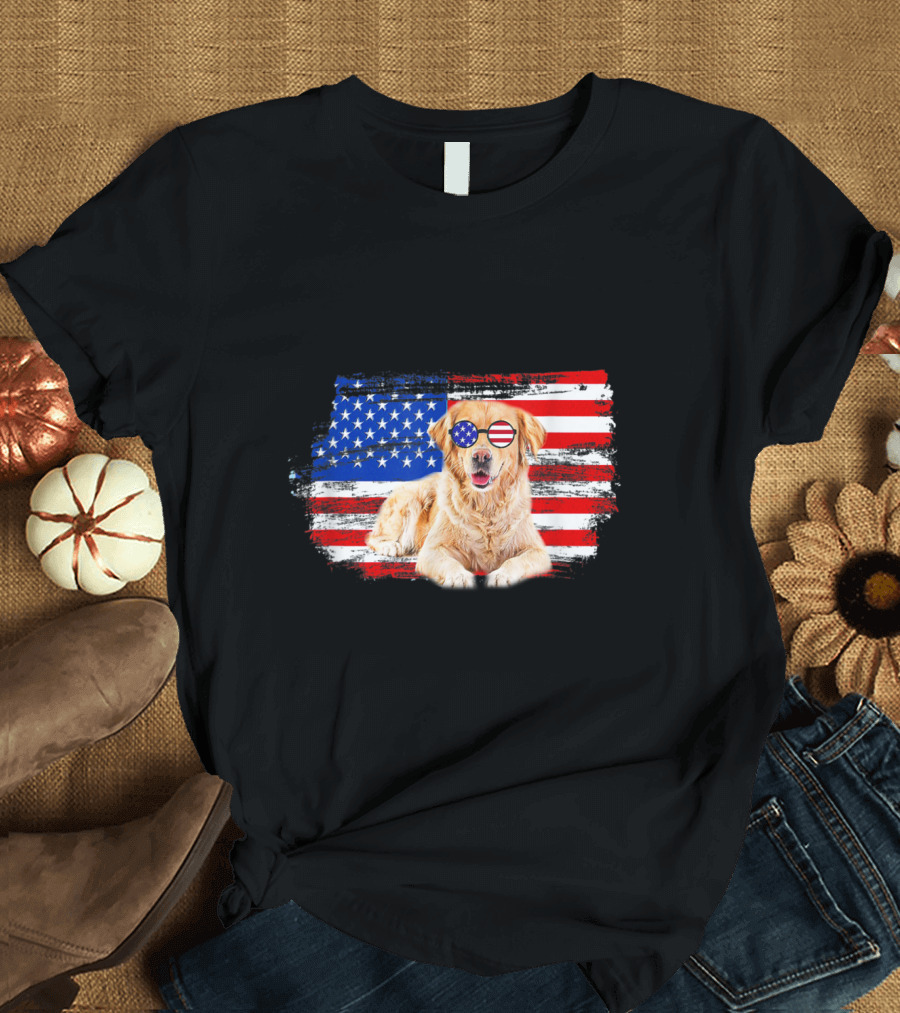 Golden Retriever with American Flag Glasses on 4th of July Background T-Shirt