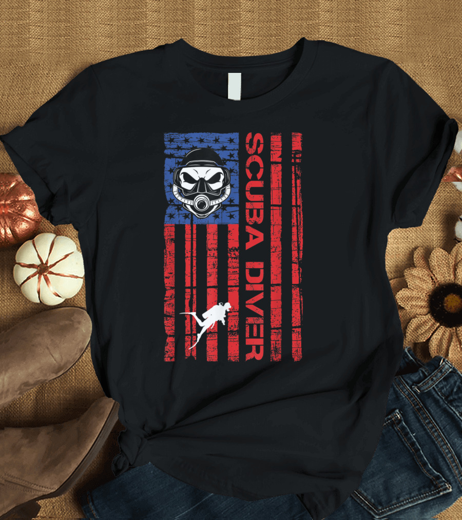 American Flag Scuba Diver Mask Stars and Stripes Ocean Scuba Diving T-Shirt