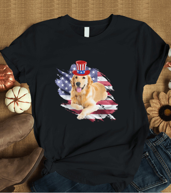 T-Shirt: Golden Retriever with American Flag and Uncle Sam Hat T-Shirt Golden Retriever with American Flag and Uncle Sam Hat T-Shirt