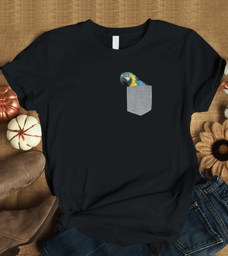 Parrot Macaw Peeking from Pocket Blue and Gold T-Shirt