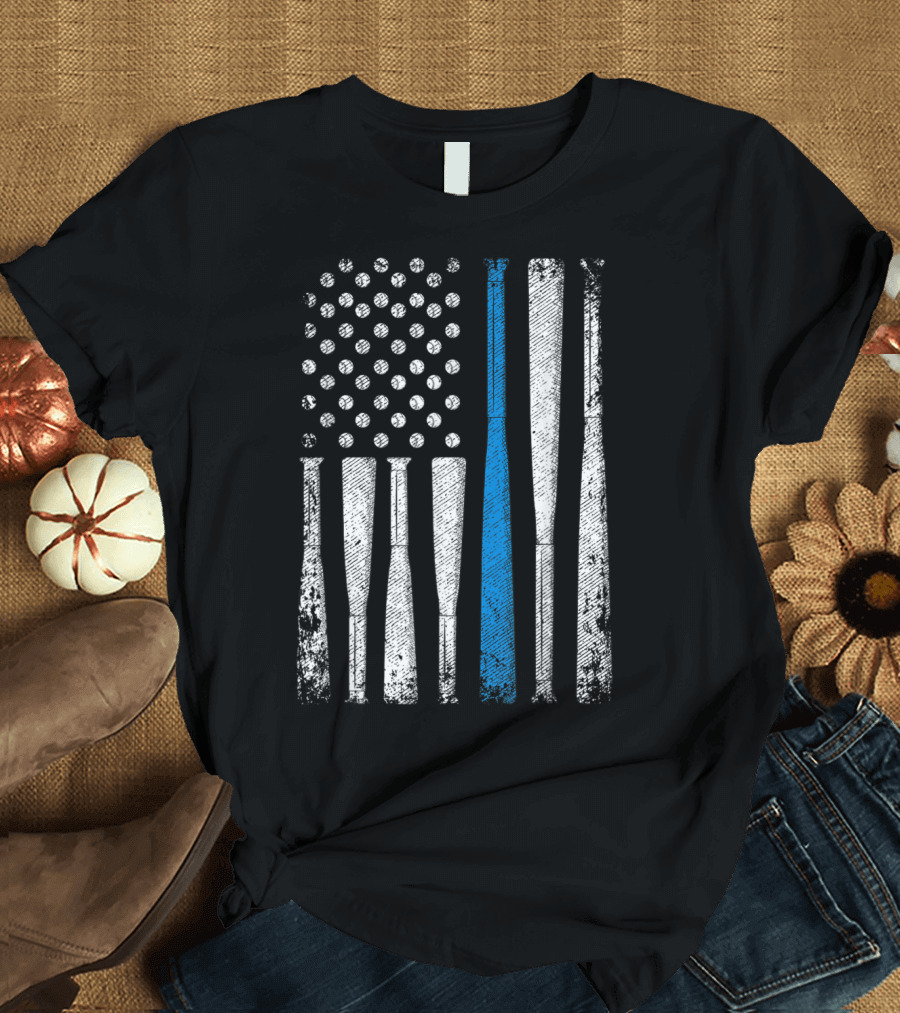 Blue Line American Flag Baseball Bat Police Love T-Shirt