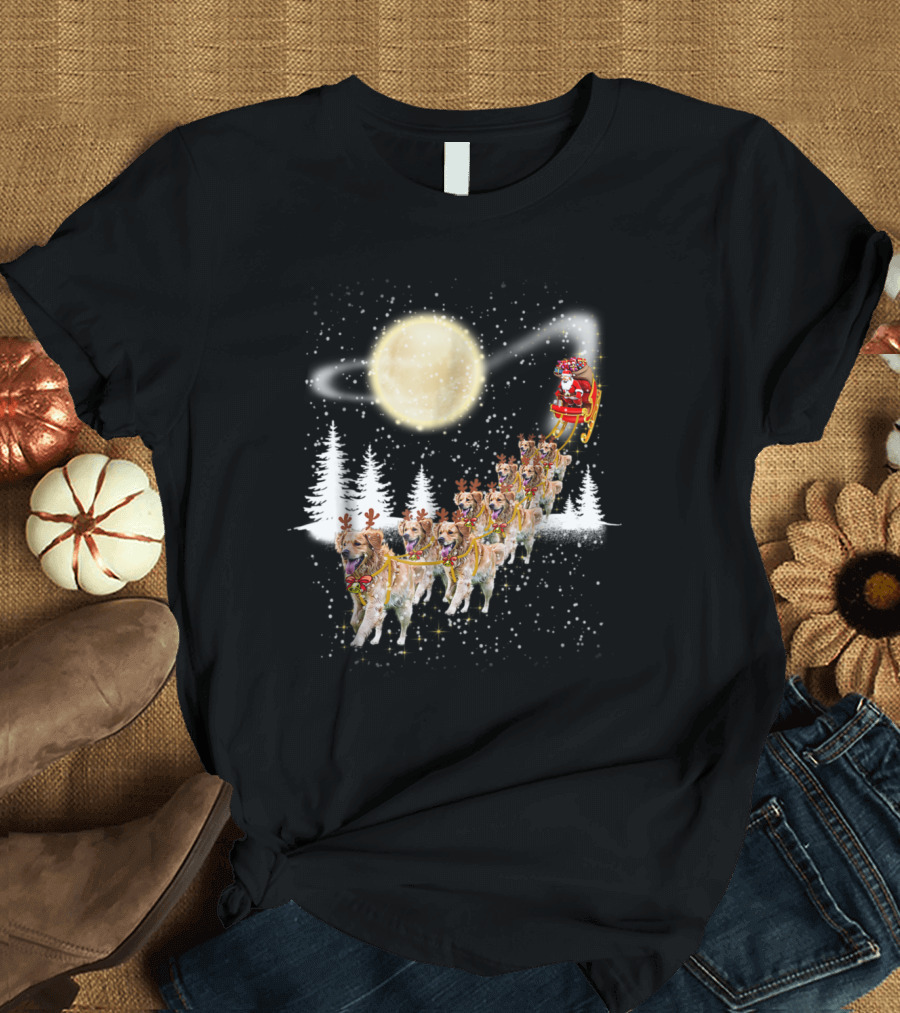Golden Retriever Reindeer Santa Sleigh Under a Full Moon in Snowy Forest T-Shirt