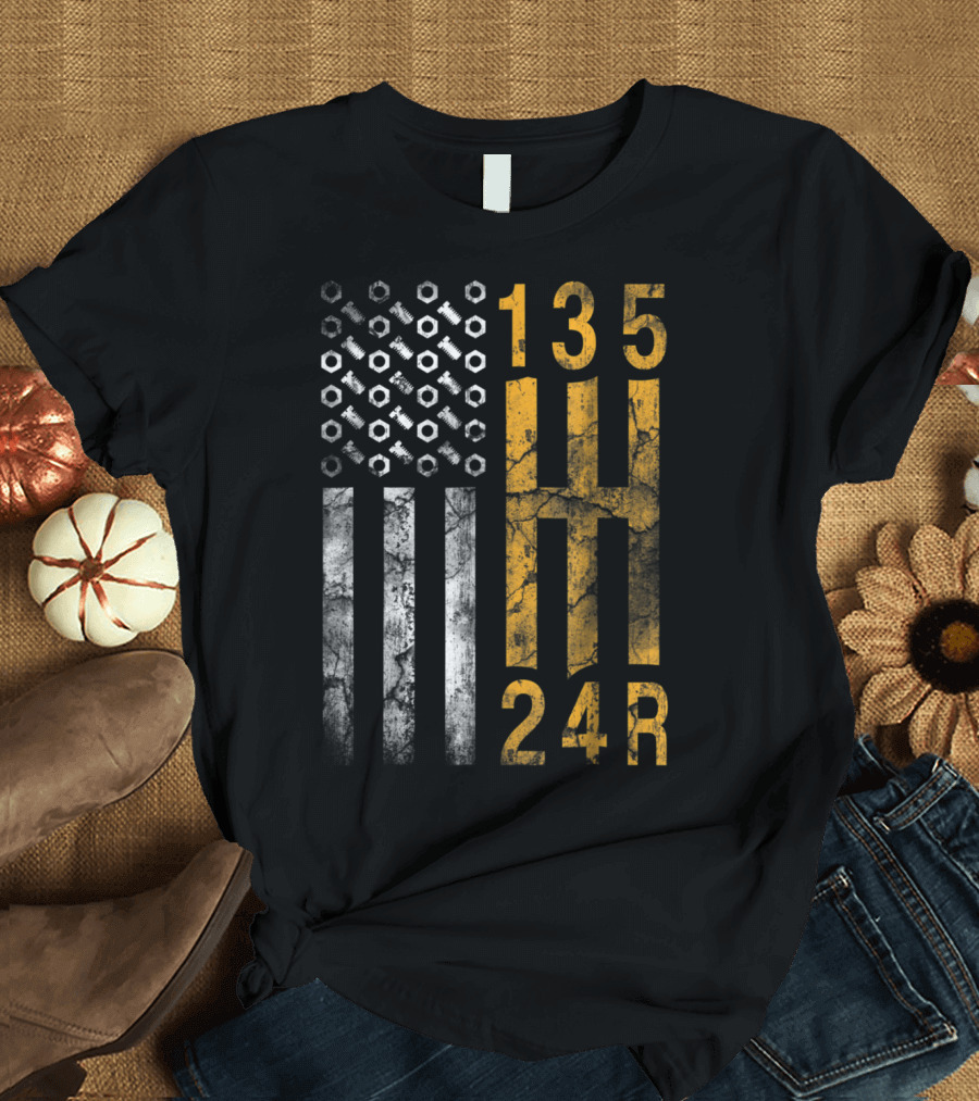 American Flag Gear Pattern 135 H 24R Stick Shift Mechanics T-Shirt