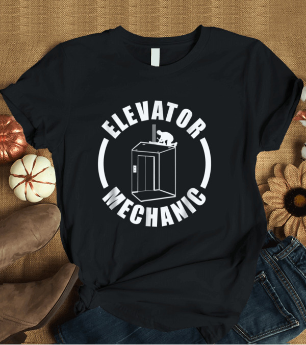 T-Shirt: Elevator Mechanic Service Maintenance Icon with Worker Installation T-Shirt Elevator Mechanic Service Maintenance Icon with Worker Installation T-Shirt