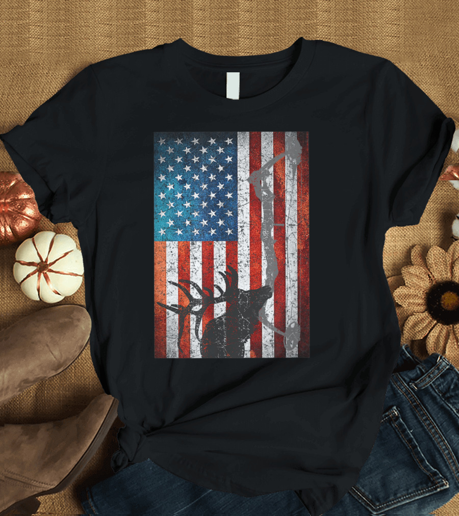 American Flag Elk Bow Hunting T-Shirt