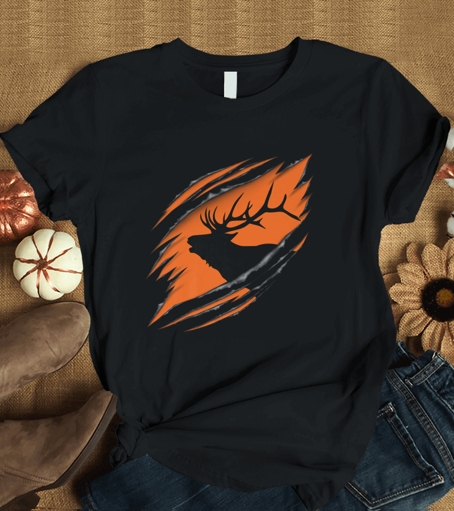 Roaring Elk Silhouette Behind Orange Claw Marks Scene T-Shirt