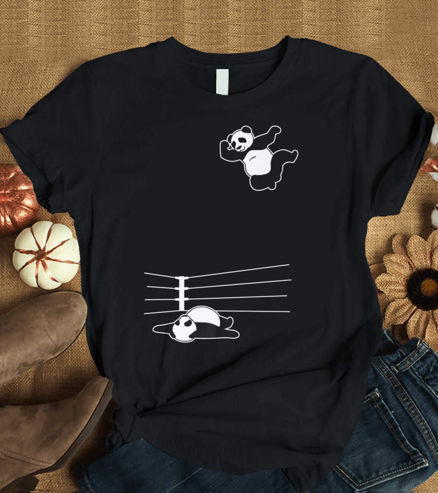 Giant Panda Bear Wrestlers Performing High-Flying Move in Wrestling Ring T-Shirt