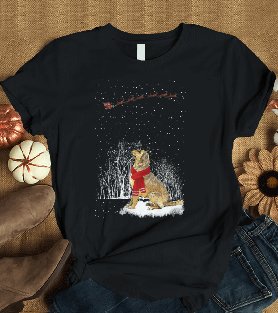 Golden Retriever with Scarf Watching Santa Sleigh in Snowy Forest Scene T-Shirt
