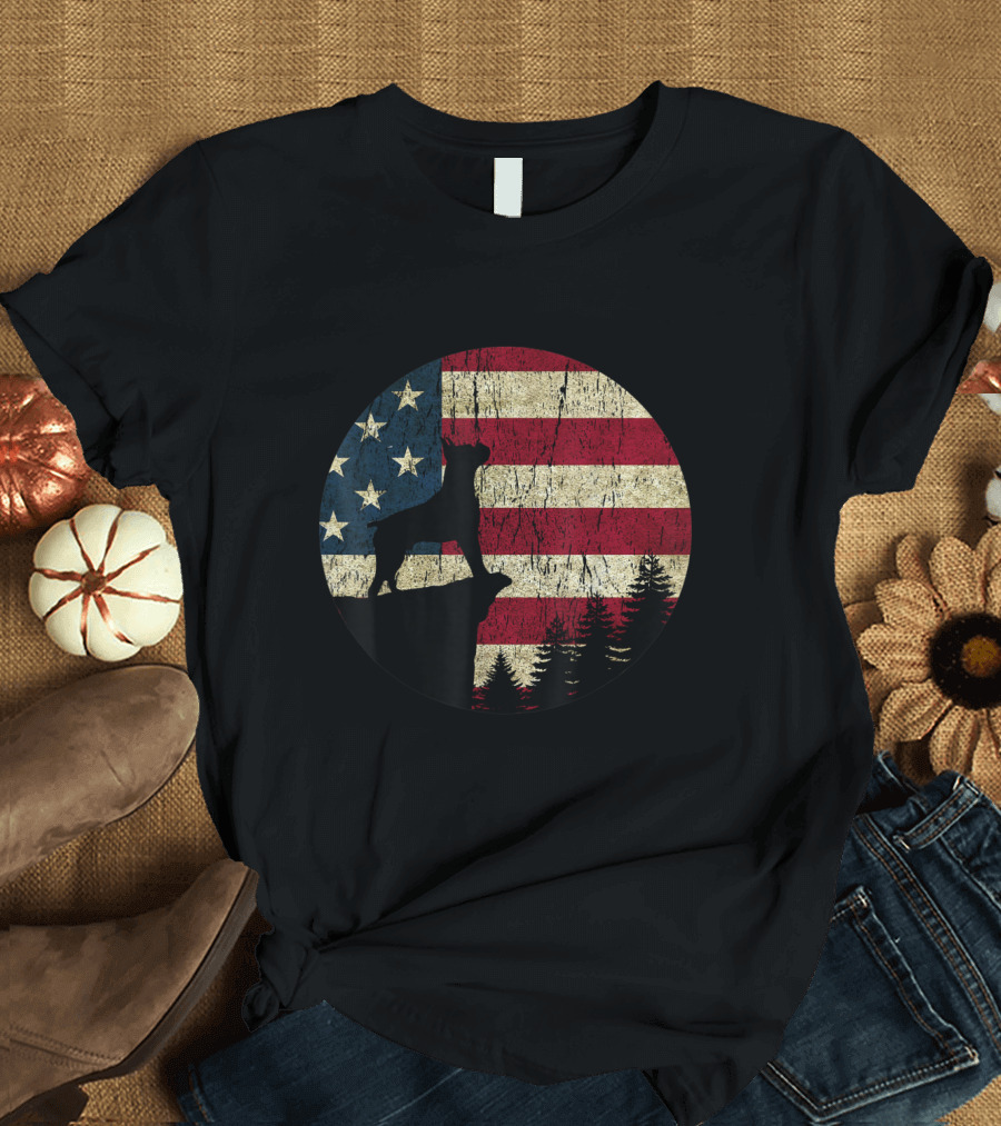 American Flag Vintage Boxer Silhouette with Patriotic Background T-Shirt