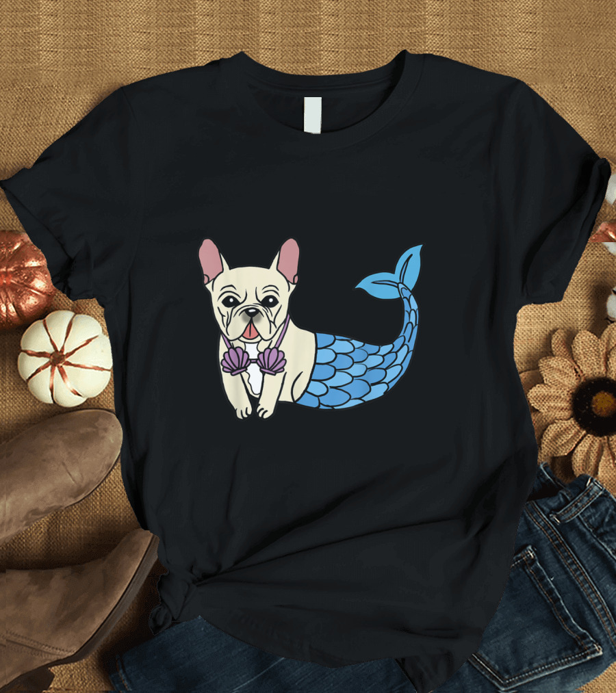 French Bulldog Mermaid with Shell Bra and Blue Tail T-Shirt