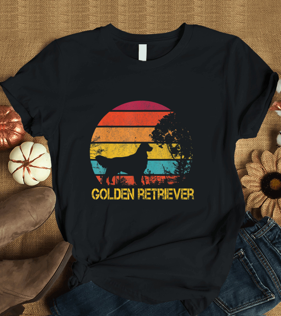 Golden Retriever Silhouette with Retro Sunset Stripe Background T-Shirt