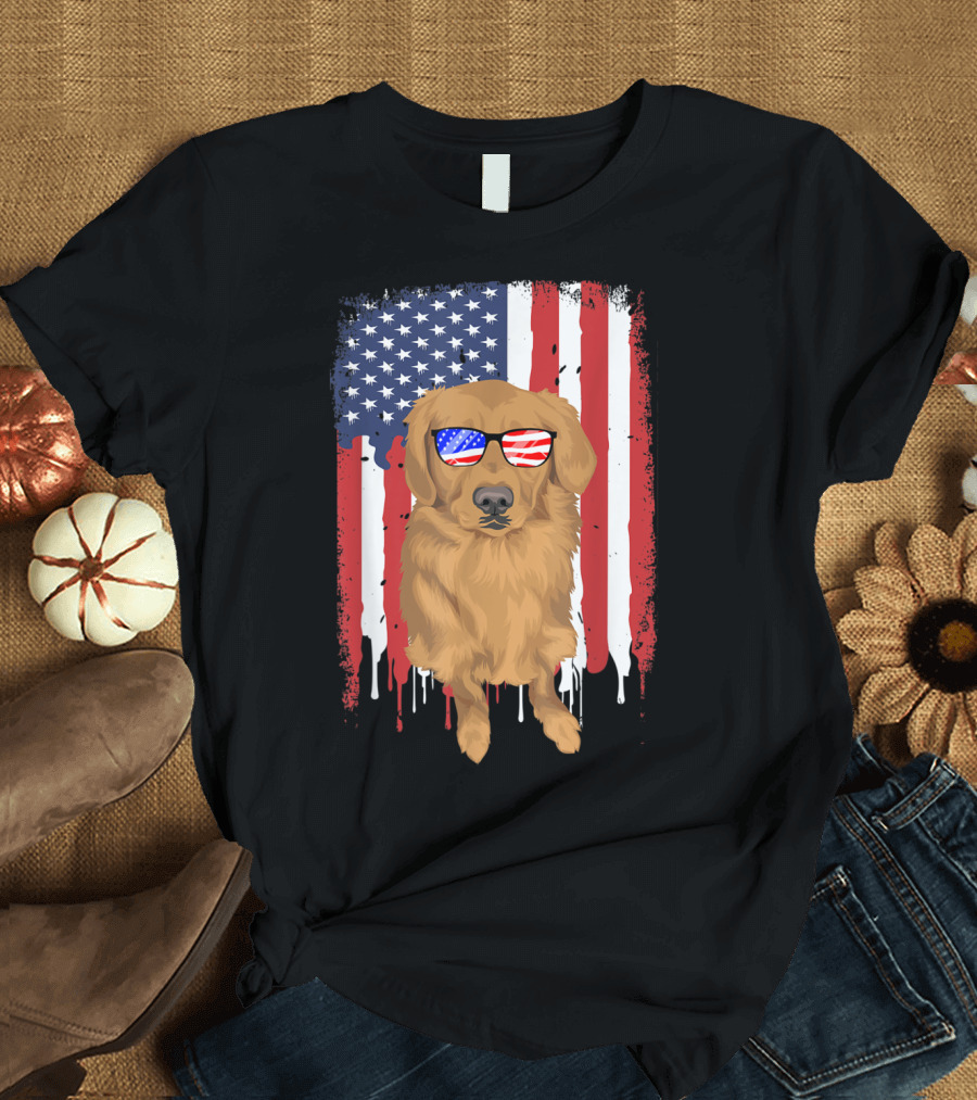 Golden Retriever Wearing USA Flag Sunglasses with American Flag Background T-Shirt