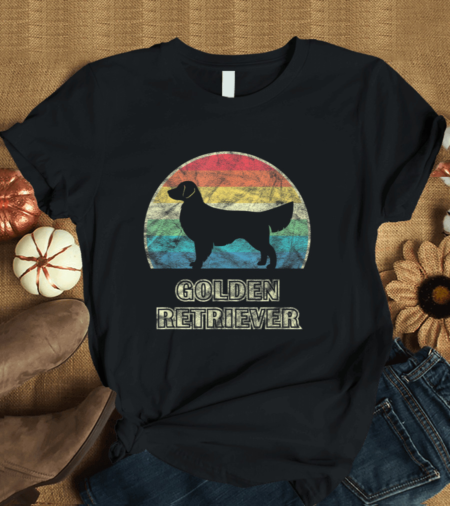 Golden Retriever Silhouette with Vintage Rainbow Circle T-Shirt