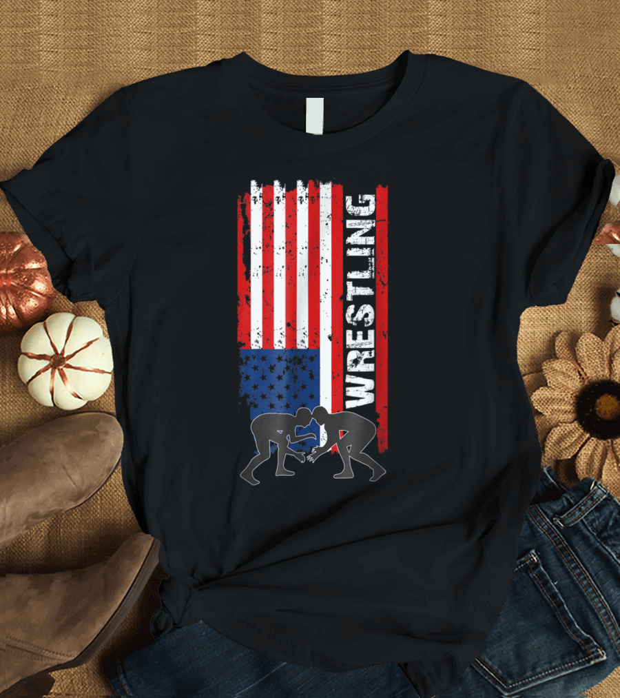 Wrestling Silhouettes on Distressed American Flag USA Sporting Pride T-Shirt