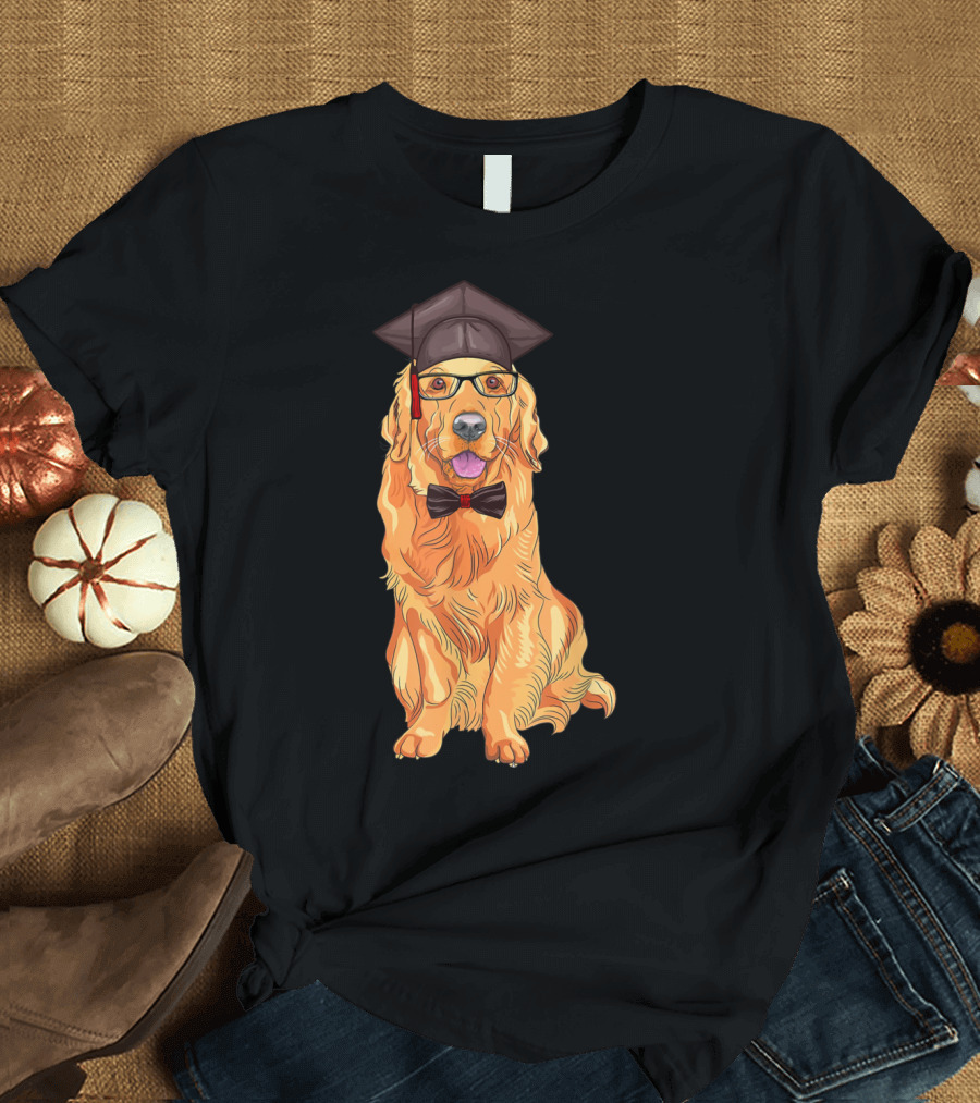 Golden Retriever Graduation Cap Glasses Bow Tie Happy Dog T-Shirt
