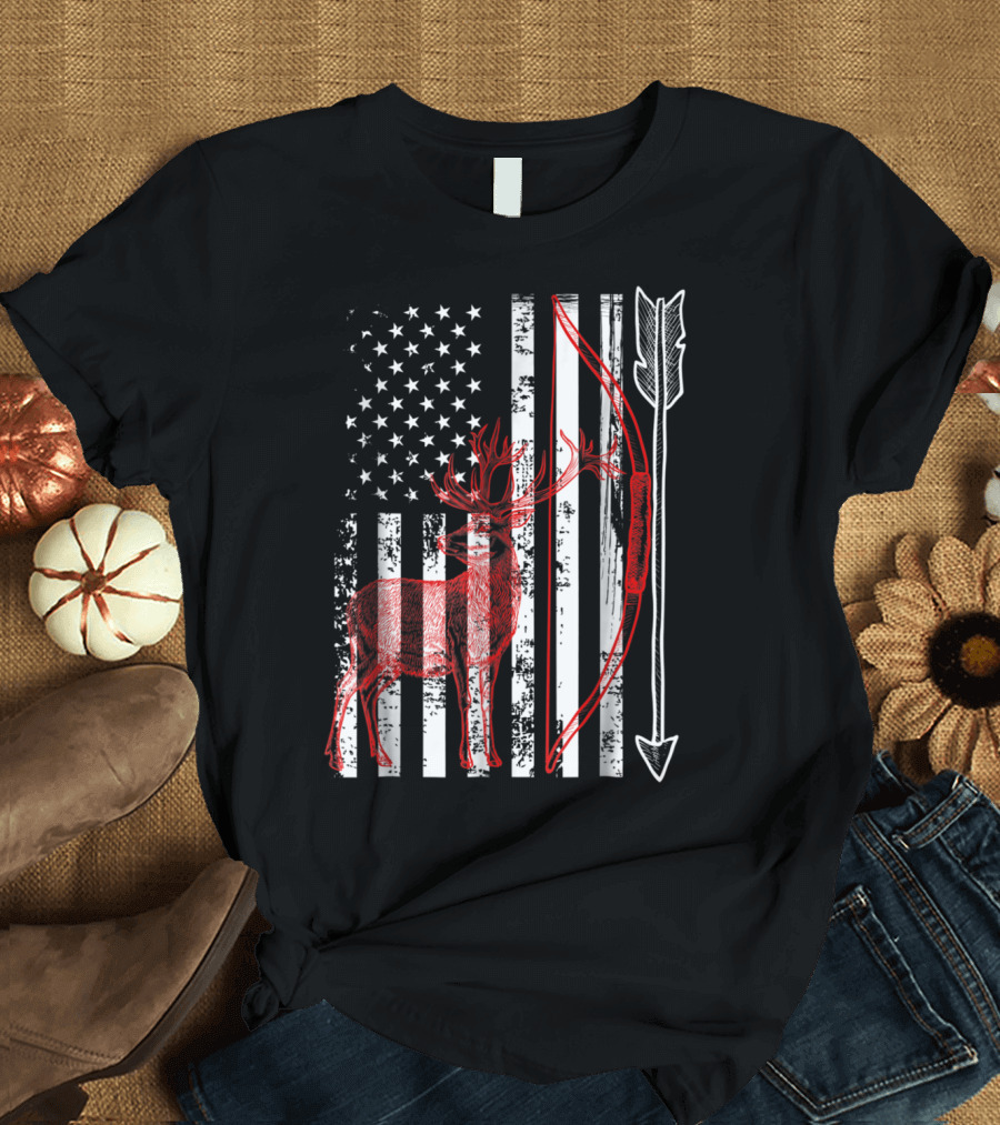 Patriotic Crossbow Hunting American Flag Deer T-Shirt