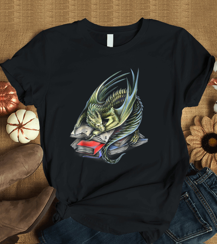 Magical Book Wyrm Dragon Resting on Pile of Books T-Shirt