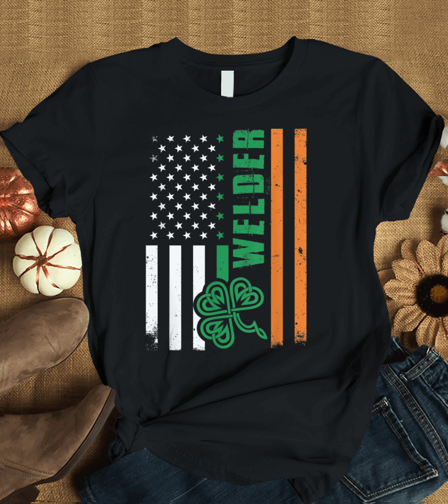 Welder American Ireland Flag with Shamrock T-Shirt