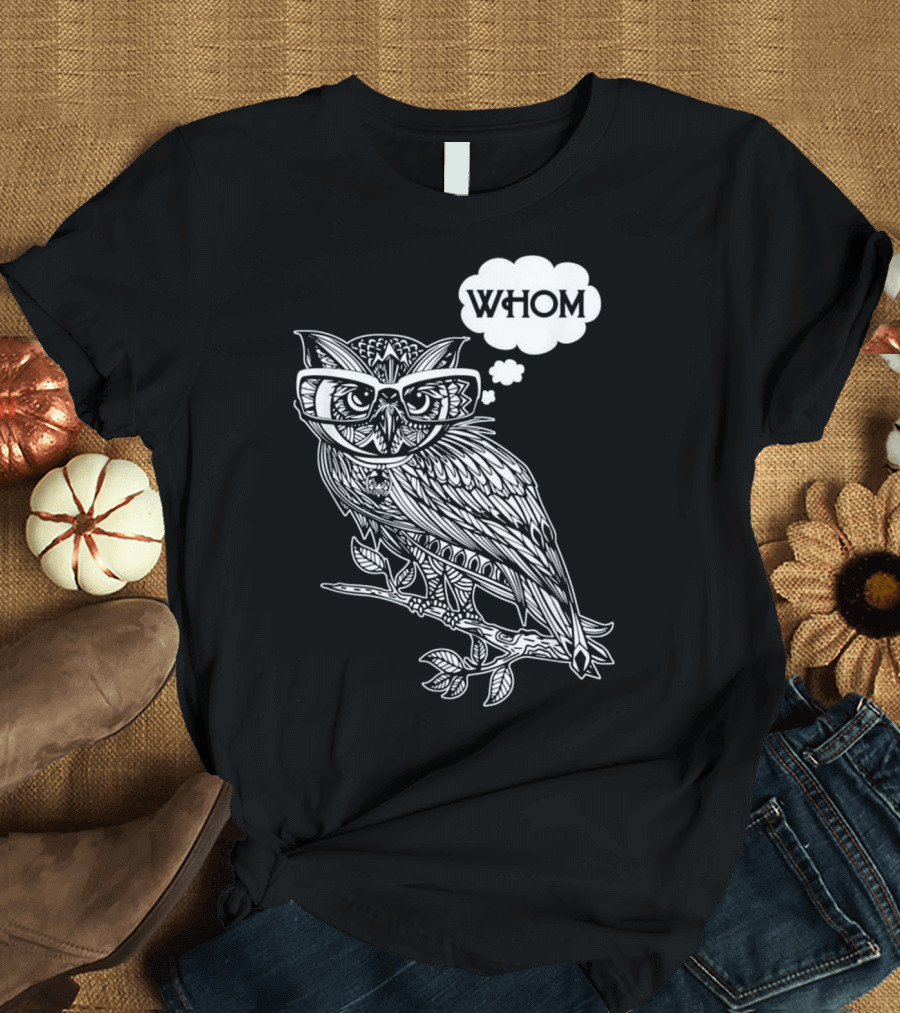Owl with Glasses Thinking 'Whom' Grammar Bookworm T-Shirt