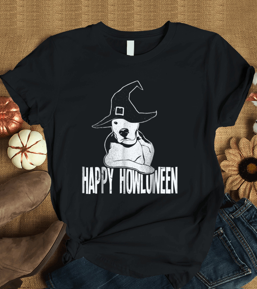 Happy Howloween Pitbull with Witch Hat Halloween T-Shirt